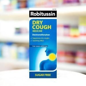 Robitussin Dry Cough Medicine bottle and carton, sugar free cough medicine, labelled “Robitussin Dry Cough Medicine”, dextromethorphan hydrobromide 7.5mg/5ml oral solution, pack size 100ml or 200ml, typically dark red liquid with measuring cup.