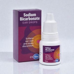 Sodium Bicarbonate Ear Drops 10ml bottle with white label and blue text, labelled “Sodium Bicarbonate Ear Drops 5%”, earwax softening solution for blocked ears.