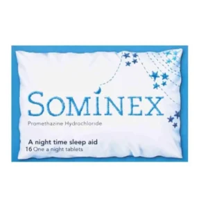 Sominex Tablets – Purple and white box labelled “Sominex – Promethazine Hydrochloride 20mg” pack of 8 or 16 tablets, for short-term relief of sleeplessness.