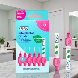 TePe Pink Interdental Brush 0.4mm for very small gaps between teeth, pink colour-coded handle indicating extra-small size.