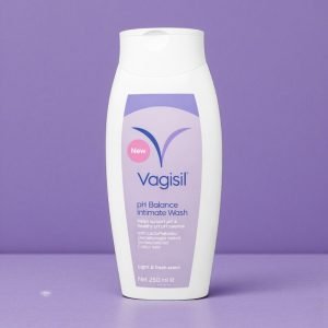 Vagisil pH Balance Intimate Wash bottle, light blue and white packaging, labelled “pH Balance Intimate Wash”, 250ml feminine hygiene cleanser for external intimate use.