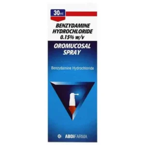 Benzydamine 0.15% Oromucosal Spray – white and green packaging with spray nozzle, labelled 30ml bottle for sore throat and mouth pain relief.