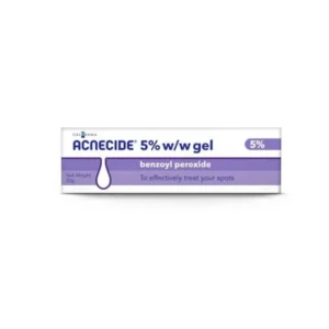 Acnecide 5% Gel – white and purple box with text “Acnecide 5% w/w Gel” and purple tube, 30g pack size.