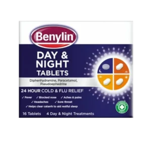 Benylin Day & Night Tablets – Box with blue and yellow design, labelled 16 tablets, cold and flu relief with day and night symptom treatment.