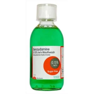 Benzydamine Mouthwash Sugar Free 0.15% w/v – 200ml green solution in labelled white and green box with measuring cup.