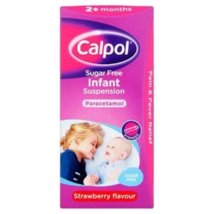 Calpol Sugar-Free Infant Suspension packaging, containing paracetamol for pain and fever relief in children aged 2+ months, strawberry flavour, with an included syringe for easy dosing.