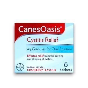 Box of CanesOasis Cystitis Relief cranberry flavour sachets with red and blue design, used for treating cystitis symptoms.