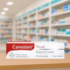 Front-facing image of Canesten Thrush External Cream packaging showing red and white box design, Bayer logo, and key product information stating it contains 2% w/w Clotrimazole to treat external thrush symptoms.