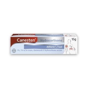 Canesten Hydrocortisone Athlete's Foot cream 15g box, showing product name and ingredients: 1% Clotrimazole and Hydrocortisone acetate. Packaging includes outline of a human body with red target areas highlighting affected zones.