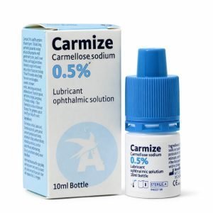 Carmellose Sodium 0.5% Dry Eye Drops 10ml bottle and box. White and blue packaging displaying “Carmellose Sodium 0.5%” text and dry eye relief indication. Lubricating artificial tear eye drops.