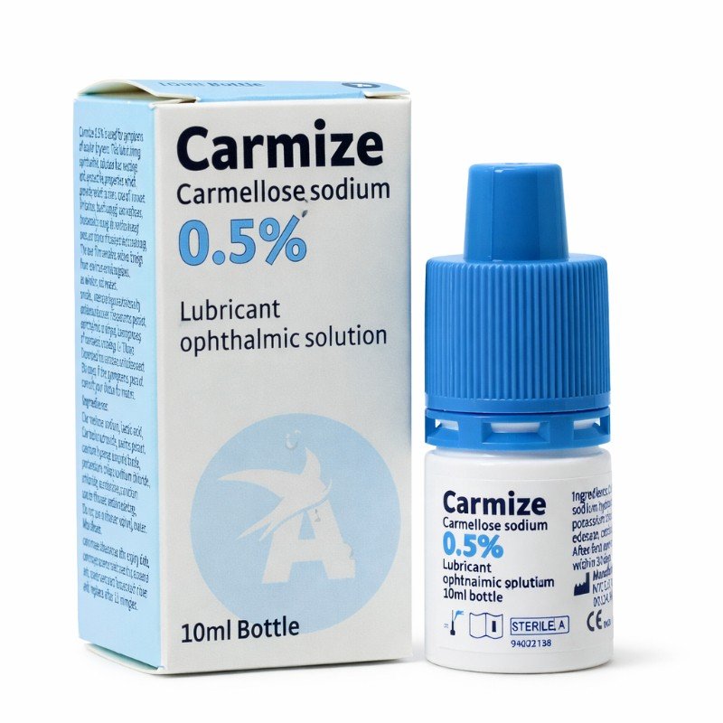 Carmellose Sodium 0.5% Dry Eye Drops 10ml bottle and box. White and blue packaging displaying “Carmellose Sodium 0.5%” text and dry eye relief indication. Lubricating artificial tear eye drops.
