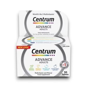 Centrum Advance multivitamin box for adults, white packaging with benefits such as metabolism support, immunity support, and nutritional support.