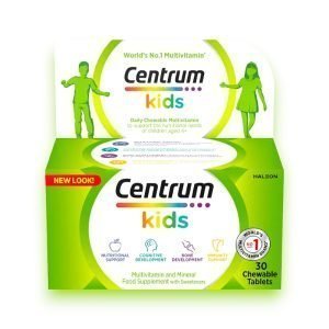 Centrum Kids multivitamin chewables in a green and white box, featuring nutritional and cognitive development benefits for children aged 4+.