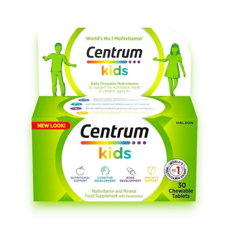 Centrum Kids multivitamin chewables in a green and white box, featuring nutritional and cognitive development benefits for children aged 4+.
