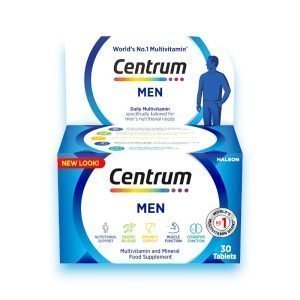 Centrum Men multivitamin box with blue packaging, highlighting energy release, muscle function, and immunity support for men.