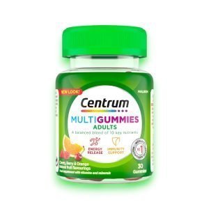 Centrum Adults Multigummies in a green bottle with cherry, berry, and orange flavors, supporting energy and immunity.