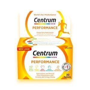 A bright orange and white box of Centrum Performance, a daily multivitamin formulated for active lifestyles. The packaging features icons for energy release, immunity support, heart function, mental performance, and physical performance. Contains 30 or 60 tablets.