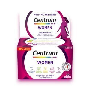 Centrum Women multivitamin box in purple packaging, supporting skin, hair, nails, and immunity for women.