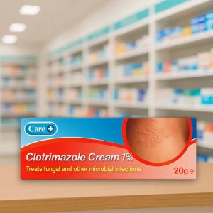 Clotrimazole Cream 1% – 20g antifungal skin treatment for athlete’s foot, ringworm, jock itch, and fungal skin infections.