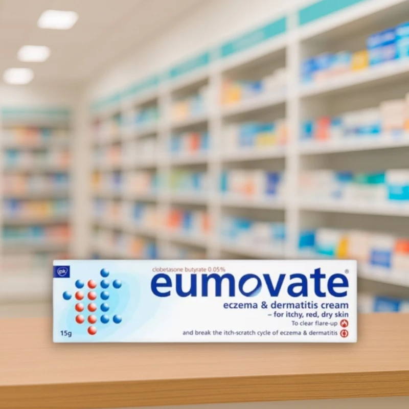 Eumovate Cream 0.05% w/w – 15g purple and white tube with labelled carton for eczema and dermatitis relief.