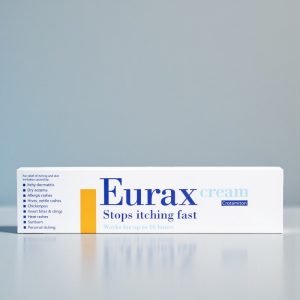 Eurax Cream 10% w/w tube and carton, white and green packaging with Eurax branding and 30g pack size, crotamiton anti-itch skin cream.