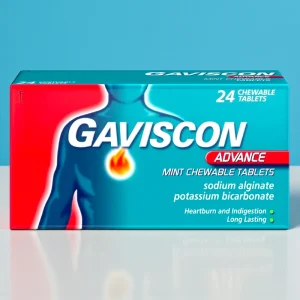 Box of Gaviscon Advance Mint Chewable Tablets, pack of 24. Blue and white packaging with “Gaviscon Advance” logo in red, showing mint flavour. Sugar-free, gluten-free, vegan-friendly reflux relief tablets for heartburn, indigestion, and acid reflux.