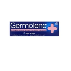Germolene Antiseptic Cream 30g tube and box in blue and pink packaging, showing “Dual Action Antiseptic + Local Anaesthetic” text, used for minor cuts, grazes, burns and insect bites.