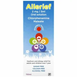Box of Allerief 2mg/5ml oral solution containing chlorphenamine maleate, a strawberry-flavoured antihistamine for hayfever and allergy relief in adults and children over 1 year. The packaging highlights it is sugar free, colour free, and alcohol free, with allergy icons showing pollen, skin rash, pet dander, dust mites, and mould.