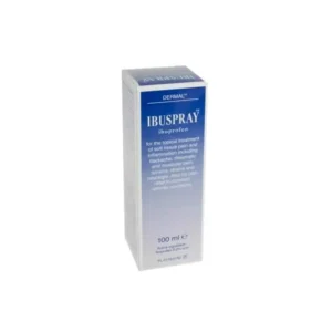 Ibuspray Ibuprofen Spray 100ml – blue and white packaging with text “Ibuspray” and “Ibuprofen 5% w/w spray” for pain relief.