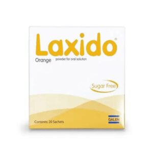 Box of Laxido Orange Sugar Free Sachets – 30 individually wrapped sachets for constipation relief.