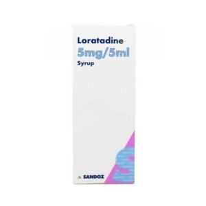 White and minimalist packaging of Sandoz Loratadine 5mg/5ml syrup, featuring bold blue and light blue text on the front, with a small pink and blue graphic detail in the bottom right corner.