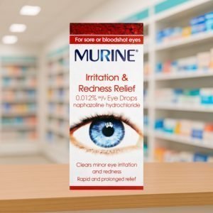 packaging of Murine Irritation & Redness Relief Eye Drops. The design features a red and white colour scheme with a close-up image of a blue eye as the focal point. The product name "Murine" is in bold, dark blue text at the top. Key details include: "For sore or bloodshot eyes" highlighted on a red banner. Active ingredient: 0.012% w/v Naphazoline Hydrochloride. Prominent claims: "Clears minor eye irritation and redness" and "Rapid and prolonged relief". The clean layout effectively conveys its purpose, appealing to those seeking relief for eye discomfort.