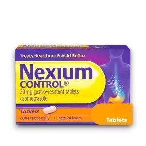 Nexium Control 20mg Tablets – purple and yellow box with 14 tablets, labelled 24-hour heartburn and acid reflux relief.