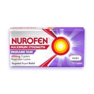 Nurofen Migraine Pain Maximum Strength 684 mg caplets, pack of 12, single-dose ibuprofen lysine caplets for fast migraine and headache relief.