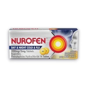 Nurofen Day/Night Cold & Flu Tablets – 200 mg ibuprofen + 5 mg phenylephrine, 16 tablets pack for cold, flu, and congestion relief.