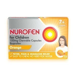 Nurofen for Children 100 mg Soft Chews, pack of 12 chewable capsules – ibuprofen for fast relief of pain and fever in children aged 7–12 years.
