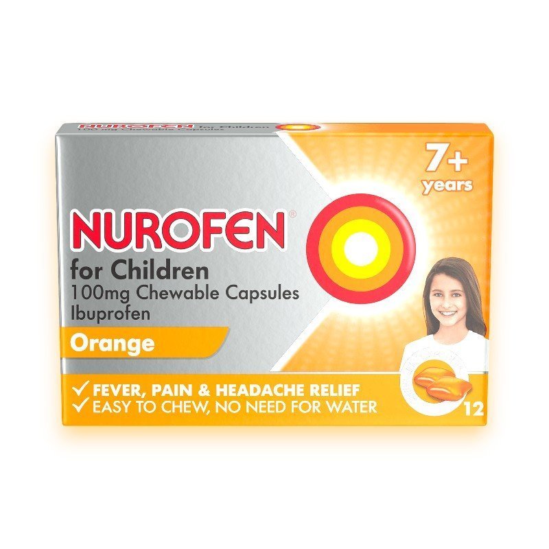 Nurofen for Children 100 mg Soft Chews, pack of 12 chewable capsules – ibuprofen for fast relief of pain and fever in children aged 7–12 years.