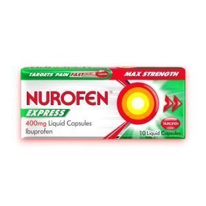 Nurofen Express Max Strength packaging containing 20 liquid capsules of 400mg ibuprofen, designed to target pain quickly.