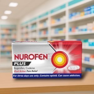 Nurofen Plus Tablets – red and silver box labelled “Nurofen Plus Ibuprofen & Codeine Phosphate” 32 tablets pack, dual action pain relief branding.