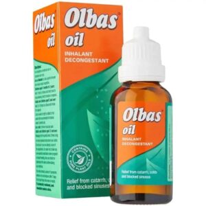 Small dark brown bottle of Olbas Oil with a green label and white cap, used for relieving nasal and chest congestion with natural essential oils.