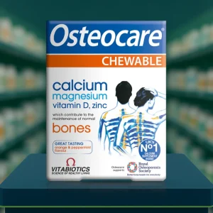 Vitabiotics Osteocare Chewable Tablets pack of 30, blue and white box with orange and peppermint flavour label. Supplement providing calcium, vitamin D3, magnesium and zinc to support bone and muscle health.