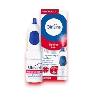 Bottle of Otrivine Extra Dual Relief Nasal Spray for congestion and runny nose, 10ml.