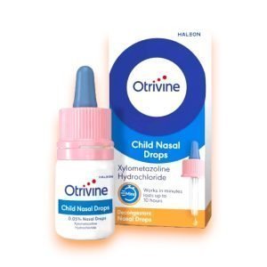 Bottle of Otrivine Child Nasal Drops 10ml for nasal congestion relief in children aged 6 to 12.