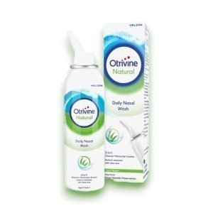 Otrivine Natural Daily Nasal Wash spray bottle with natural seawater formula for gentle nasal cleansing.