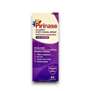 Purple and cream box of Pirinase Allergy 0.05% Nasal Spray containing fluticasone propionate, designed to provide non-drowsy relief from airborne allergens like pollen, pet hair, dust mites, and mould spores. The box indicates 60 sprays and highlights its preventive and relieving properties.