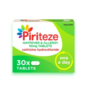 Box of Piriteze Hayfever & Allergy 10mg Tablets containing cetirizine hydrochloride, with a bright green and white design, 30 tablets per pack, marked as one a day, and featuring a multicoloured leaf logo.