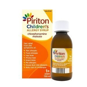 Piriton Syrup 150ml bottle – Yellow and orange box with red cap, contains chlorphenamine maleate for allergy relief, suitable for children aged 1+.