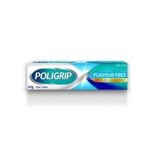 Poligrip Flavour Free Denture Fixative Cream 40g – zinc-free adhesive for strong hold, seal, and comfort without added taste.