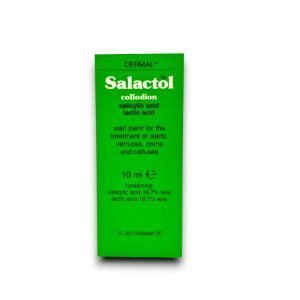 Bright green box of Salactol Collodion wart treatment, containing salicylic acid and lactic acid, labelled for the treatment of warts, verrucas, corns, and calluses. The packaging lists the active ingredients as salicylic acid 16.7% w/w and lactic acid 16.7% w/w in a 10ml bottle.