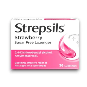 Strepsils Strawberry Sugar-Free Lozenges – 36 lozenges with 2,4-Dichlorobenzyl Alcohol and Amylmetacresol, offering soothing and effective relief at the first signs of a sore throat, in a sugar-free formulation.